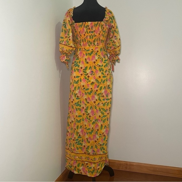 Farm Rio- Yellow Orange Mini Cashew Short Sleeve Smocked Midi Dress Size Medium - Picture 11 of 15